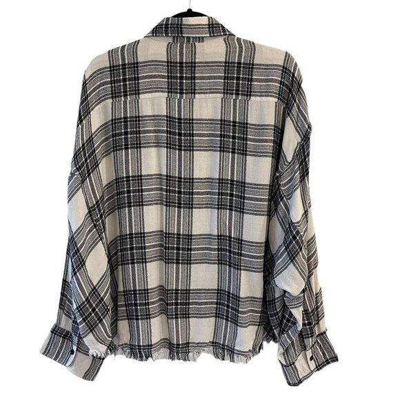 Elan Size S Metallic Plaid Black White Button Down Top Shirt Raw Hem Relaxed Fit - Picture 7 of 10